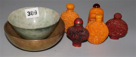 A jadiete bowl, snuff bottles and a bell